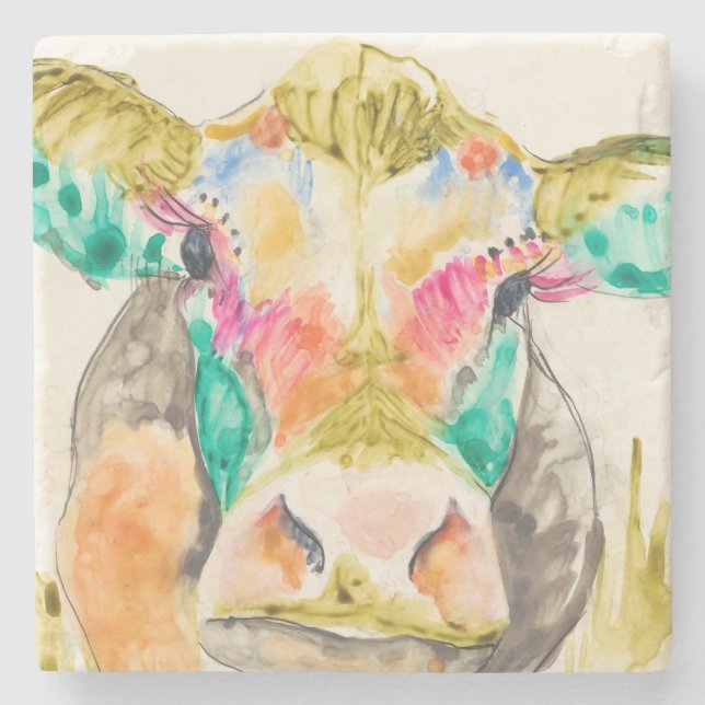 Colorful Cow Design Stone Coaster (Front)