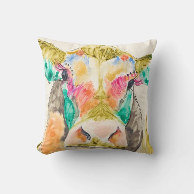 Colorful Cow Design Throw Pillow (Front)