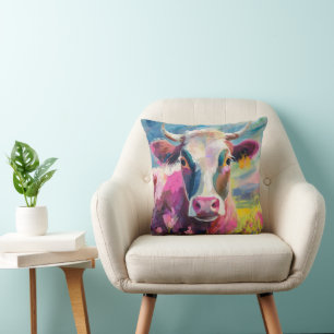 Colorful Cow Portrait Modern Abstract Art Throw Pillow