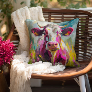 Colorful Cow Portrait Modern Abstract Art Throw Pillow