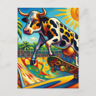 Colorful Cow Skateboarding Postcard