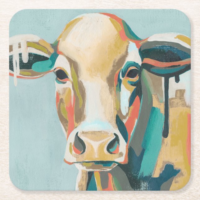 Colorful Cow Square Paper Coaster (Front)