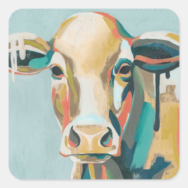 Colorful Cow Square Sticker (Front)