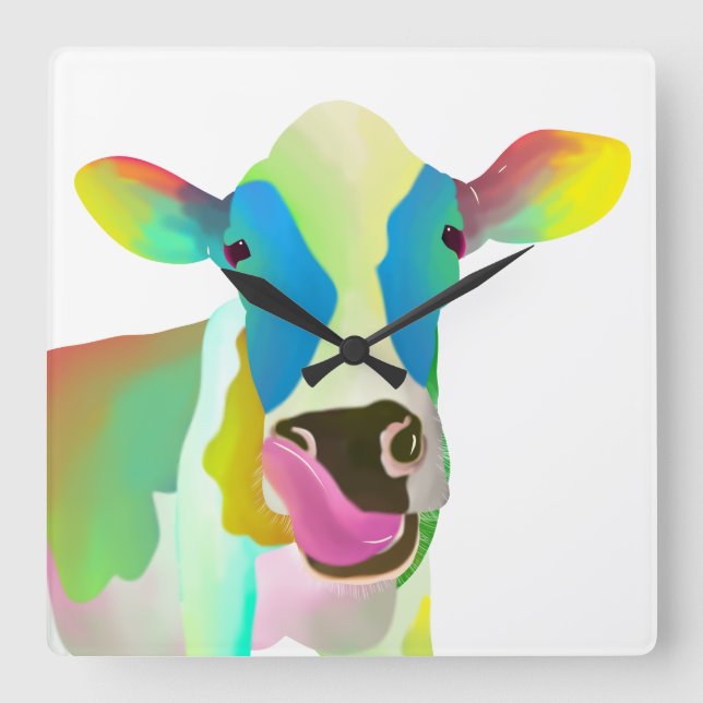 Colorful cow square wall clock (Front)