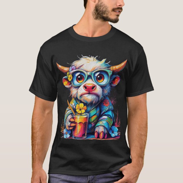 Colorful Cow T-Shirt with Cold Drink (Front)