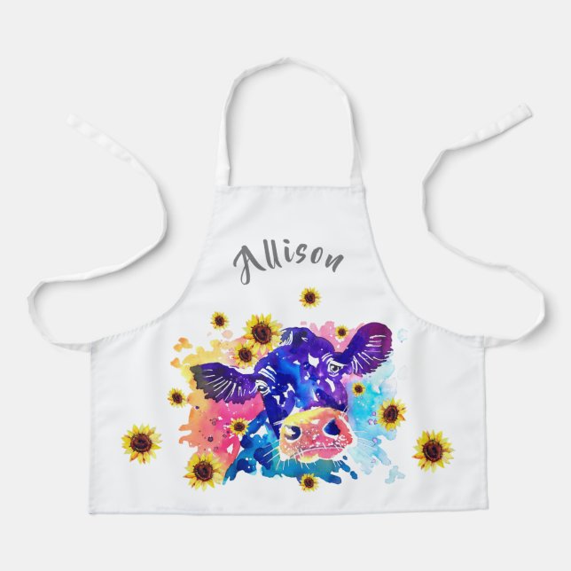 Colorful Cow with Sunflower Kids Personalized Apro Apron (Front)
