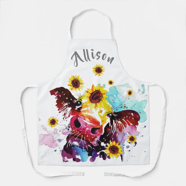 Colorful Cow with Sunflowers Personalized Apron (Front)