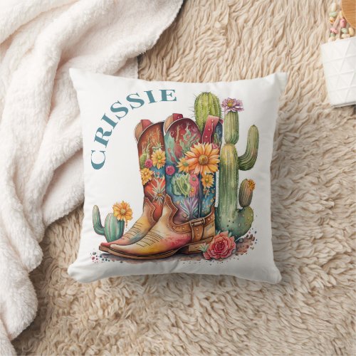 Colorful Cowgirl Boots and Cactus Personalized Throw Pillow