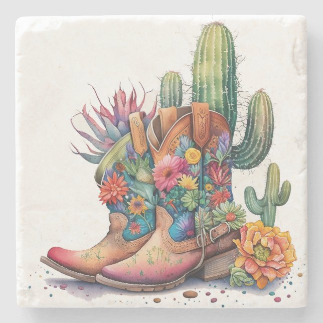 Colorful Cowgirl Boots and Cactus Stone Coaster (Front)