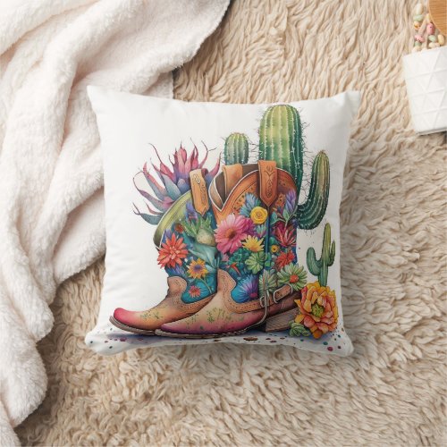 Colorful Cowgirl Boots and Cactus Throw Pillow