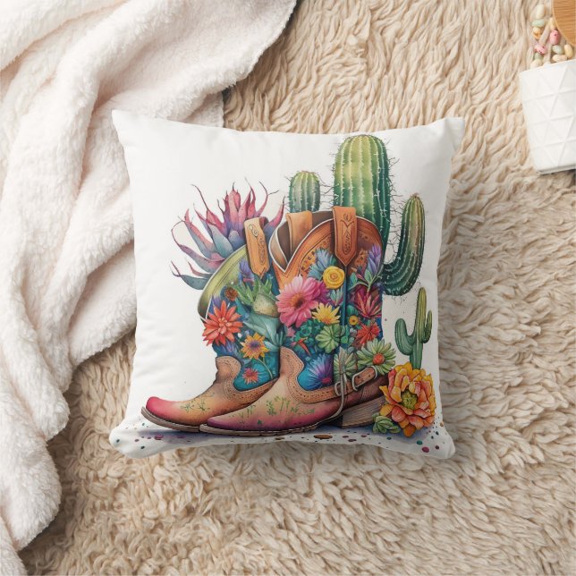 Colorful Cowgirl Boots and Cactus Throw Pillow (Blanket)