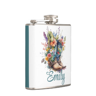Colorful Cowgirl Boots and Flowers Flask