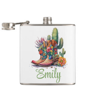 Colorful Cowgirl Boots Flowers and Cactus Flask