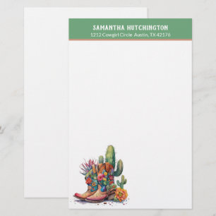 Colorful Cowgirl Boots with Flowers and Cactus Stationery