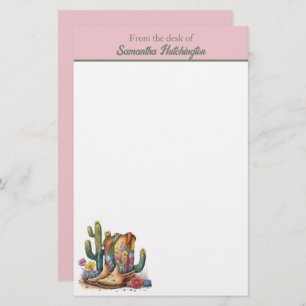 Colorful Cowgirl Boots with Flowers and Cactus Stationery