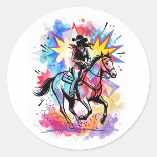 Colorful Cowgirl Horse Watercolor Pop Art Classic Round Sticker