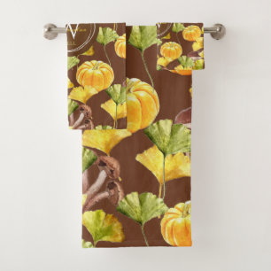 Colorful Cozy Autumn Watercolor Pattern Monogram Bath Towel Set