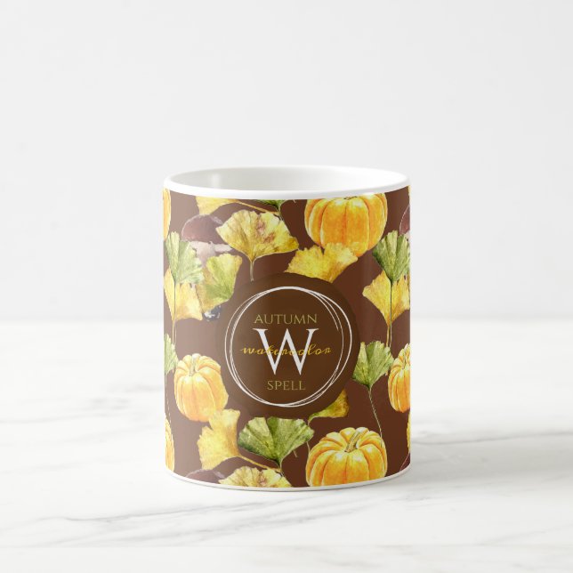 Colorful Cozy Autumn Watercolor Pattern Monogram Coffee Mug (Center)