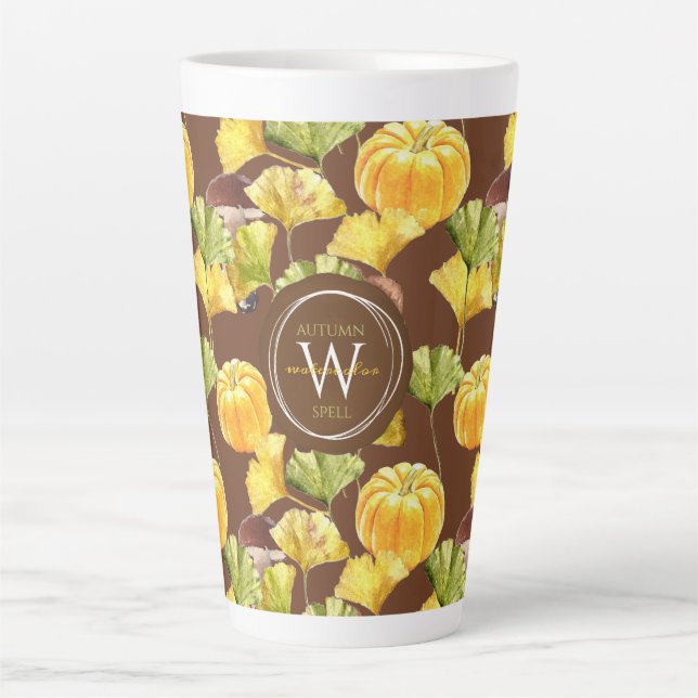 Colorful Cozy Autumn Watercolor Pattern Monogram Latte Mug (Front)
