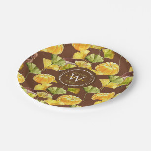 Colorful Cozy Autumn Watercolor Pattern Monogram Paper Plates