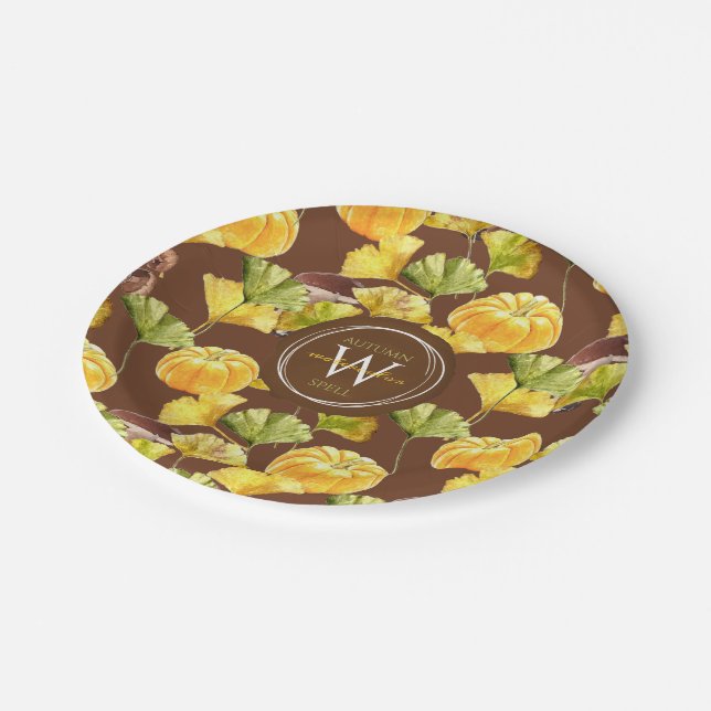 Colorful Cozy Autumn Watercolor Pattern Monogram Paper Plates (Angled)