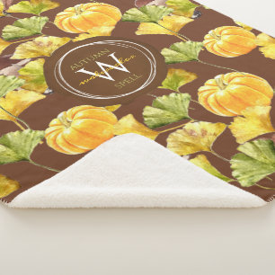 Colorful Cozy Autumn Watercolor Pattern Monogram Sherpa Blanket