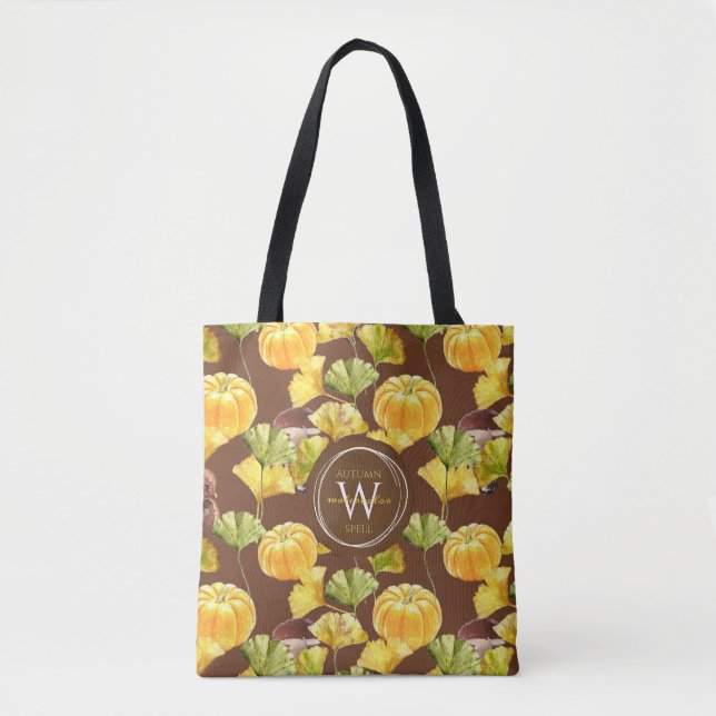 Colorful Cozy Autumn Watercolor Pattern Monogram Tote Bag (Front)