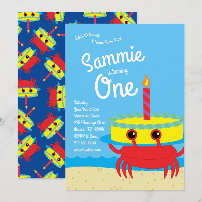 Colorful  Crab Beach 1st Birthday Invitations (Front/Back)