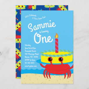 Colorful Crab Beach 1st Birthday Invitations
