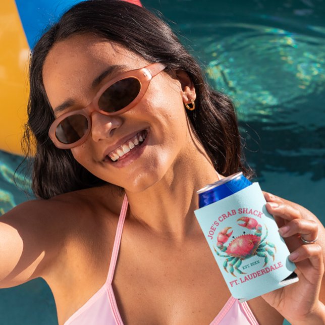 Colorful Crab Illustration Custom Text On Blue Can Cooler (Creator Uploaded)