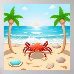 Colorful Crab, Palm Trees, and Seashells Poster