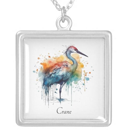 Colorful crane standing in the water  silver plated necklace