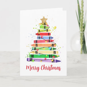 Colorful Crayon Christmas Tree Teacher Holiday Card