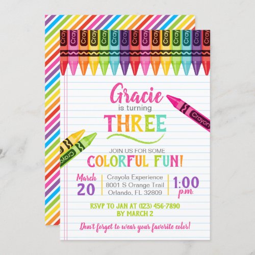Colorful Crayon Girl Art Party Birthday Invitation