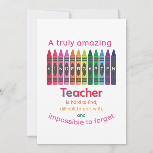 Colorful Crayon Kindergarten Teacher Appreciation Thank You Card