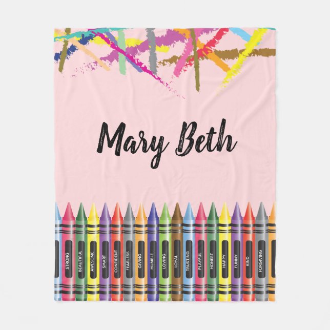 Colorful Crayon Name Pink Fleece Blanket (Front)