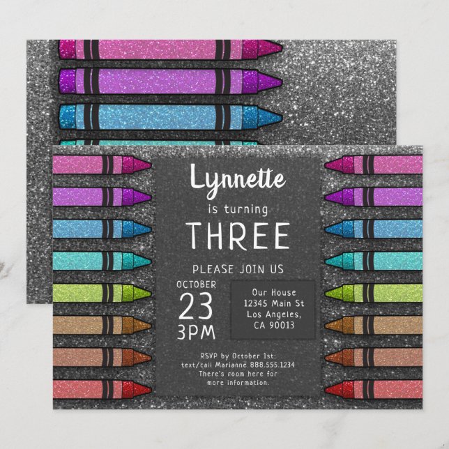 Colorful Crayon Rainbow Glitter Art First Birthday Invitation (Front/Back)