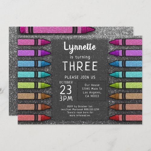 Colorful Crayon Rainbow Glitter Art First Birthday Invitation