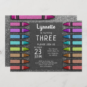 Colorful Crayon Rainbow Glitter Art First Birthday Invitation