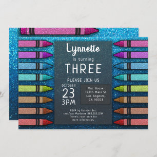 Colorful Crayon Rainbow Glitter Art First Birthday Invitation