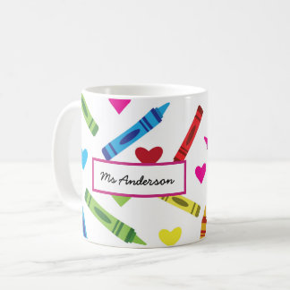 Colorful Crayons and Hearts Pattern Teacher Coffee Mug