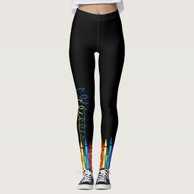Colorful Crayons on Black Leggings (Front)