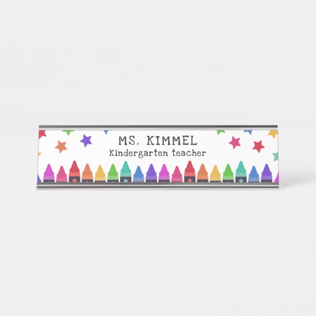 Colorful Crayons & Stars Teacher Name Desk Name Plate (Front)