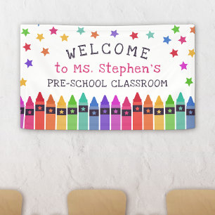 Colorful Crayons Stars Welcome Teacher's Classroom Banner