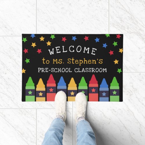 Colorful Crayons Stars Welcome Teachers Classroom Doormat