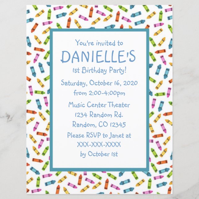 Colorful crayons theme birthday party invitations (Front)
