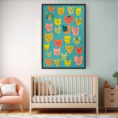 Colorful Crazy Cats Illustration Poster