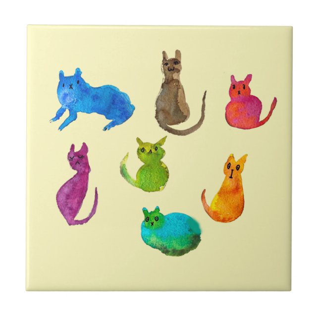 Colorful crazy cats in watercolor ceramic tile (Front)