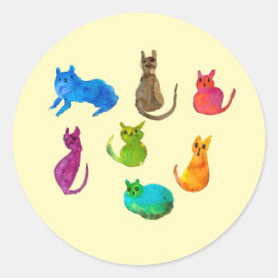 Colorful crazy cats in watercolor classic round sticker