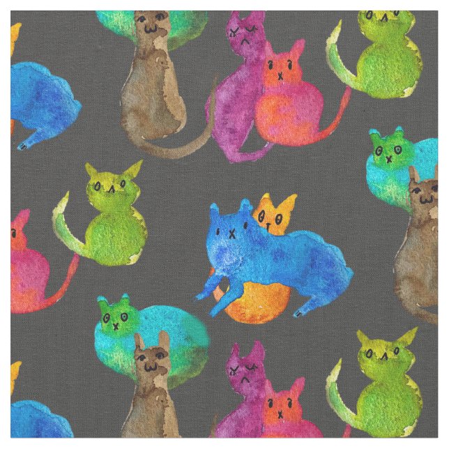 Colorful crazy cats in watercolor fabric (Close Up)